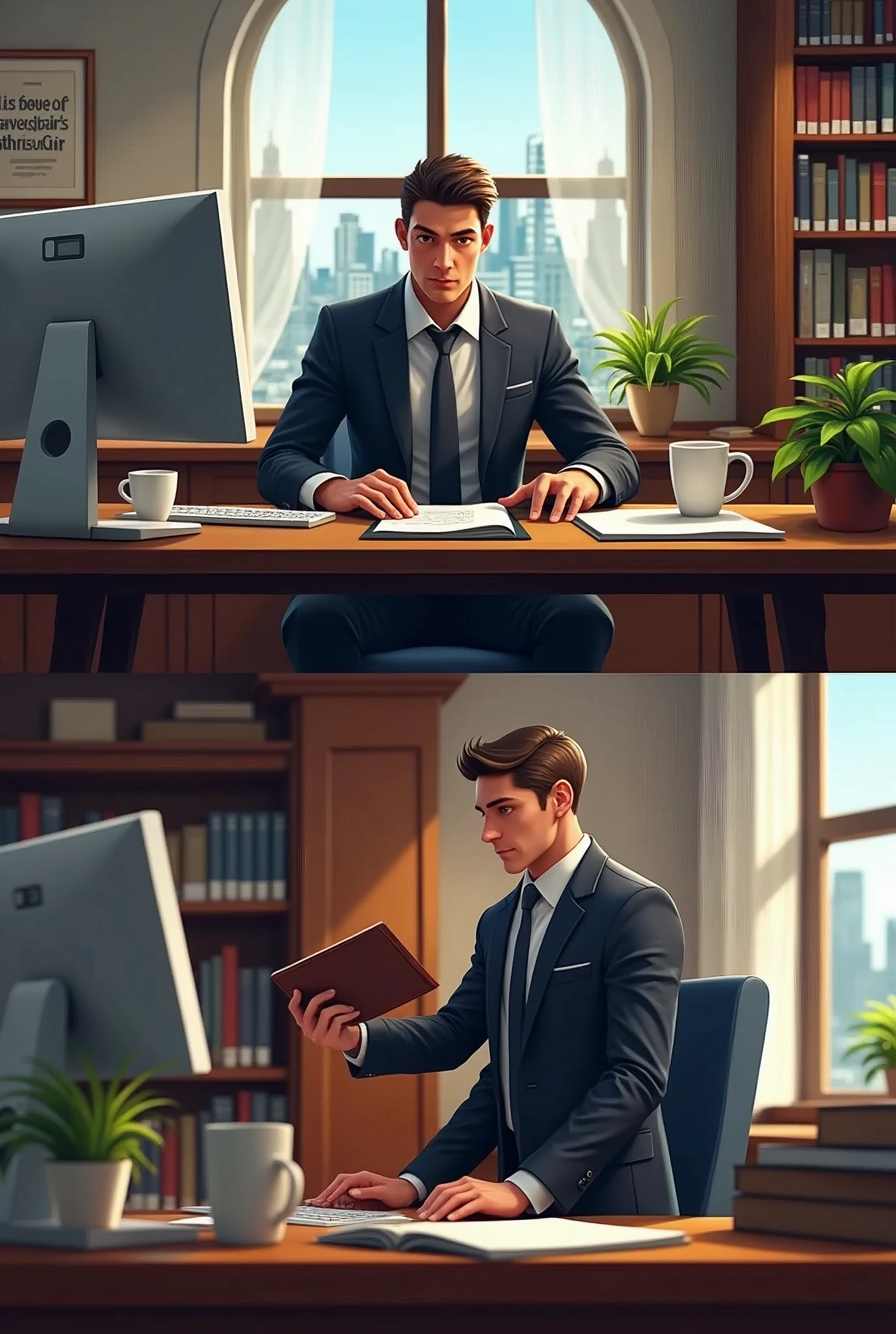 Create two characters, in two different scenarios. a person working on the computer in his office. Another person being a lawyer, well dressed, holding a folder in his hands.