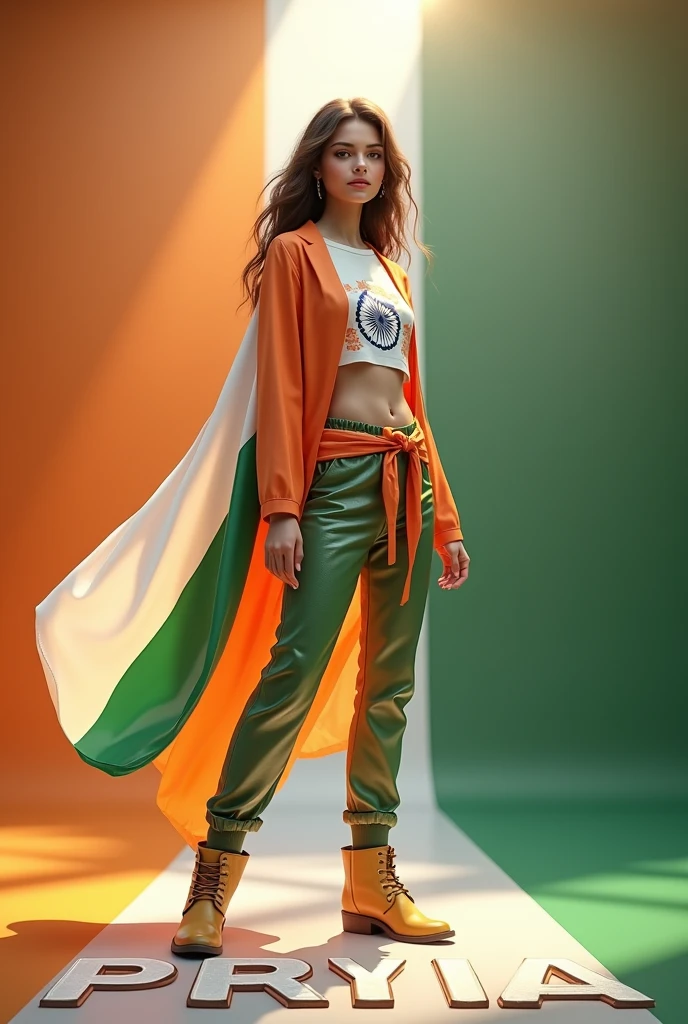 create a 3d realistic image of a girl wearing clothes of Indian flag and he is posing and his name is Priya clearly written in bold letters on the white glossy floor below, and the background view is blurred with the colors of Indian flag, make sure  the name should be visible and correct.  Create high quality images.
