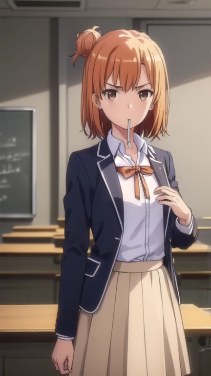 yuiyuigahama, yui yuigahama, short hair, (brown eyes:1.5), (orange hair:1.2), hair bun, single hair bun,
BREAK skirt, shirt, ribbon, school uniform, jacket, white shirt, black jacket, blazer, sobu high school uniform,
BREAK indoors, classroom,
BREAK looking at viewer, (cowboy shot:1.5),
BREAK (masterpiece:1.2), best quality, high resolution, unity 8k wallpaper, (illustration:0.8), (beautiful detailed eyes:1.6), extremely detailed face, perfect lighting, extremely detailed CG, (perfect hands, perfect anatomy), (Smoking a cigarette:1.3),A displeased expression, glaring at me