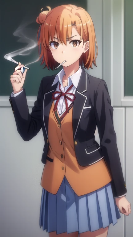 yuiyuigahama, yui yuigahama, short hair, (brown eyes:1.5), (orange hair:1.2), hair bun, single hair bun,
BREAK skirt, shirt, ribbon, school uniform, jacket, white shirt, black jacket, blazer, sobu high school uniform,
BREAK indoors, classroom,
BREAK looking at viewer, (cowboy shot:1.5),
BREAK (masterpiece:1.2), best quality, high resolution, unity 8k wallpaper, (illustration:0.8), (beautiful detailed eyes:1.6), extremely detailed face, perfect lighting, extremely detailed CG, (perfect hands, perfect anatomy), (Smoking a cigarette:1.3),A displeased expression, glaring at me