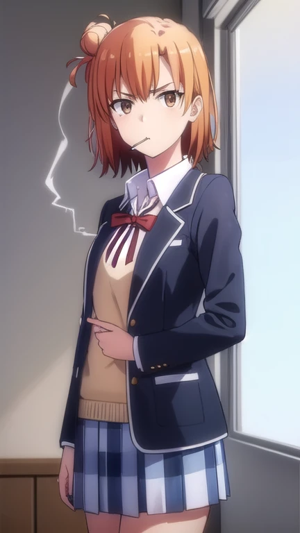 yuiyuigahama, yui yuigahama, short hair, (brown eyes:1.5), (orange hair:1.2), hair bun, single hair bun,
BREAK skirt, shirt, ribbon, school uniform, jacket, white shirt, black jacket, blazer, sobu high school uniform,
BREAK indoors, classroom,
BREAK looking at viewer, (cowboy shot:1.5),
BREAK (masterpiece:1.2), best quality, high resolution, unity 8k wallpaper, (illustration:0.8), (beautiful detailed eyes:1.6), extremely detailed face, perfect lighting, extremely detailed CG, (perfect hands, perfect anatomy), (Smoking a cigarette:1.3),A displeased expression, glaring at me
