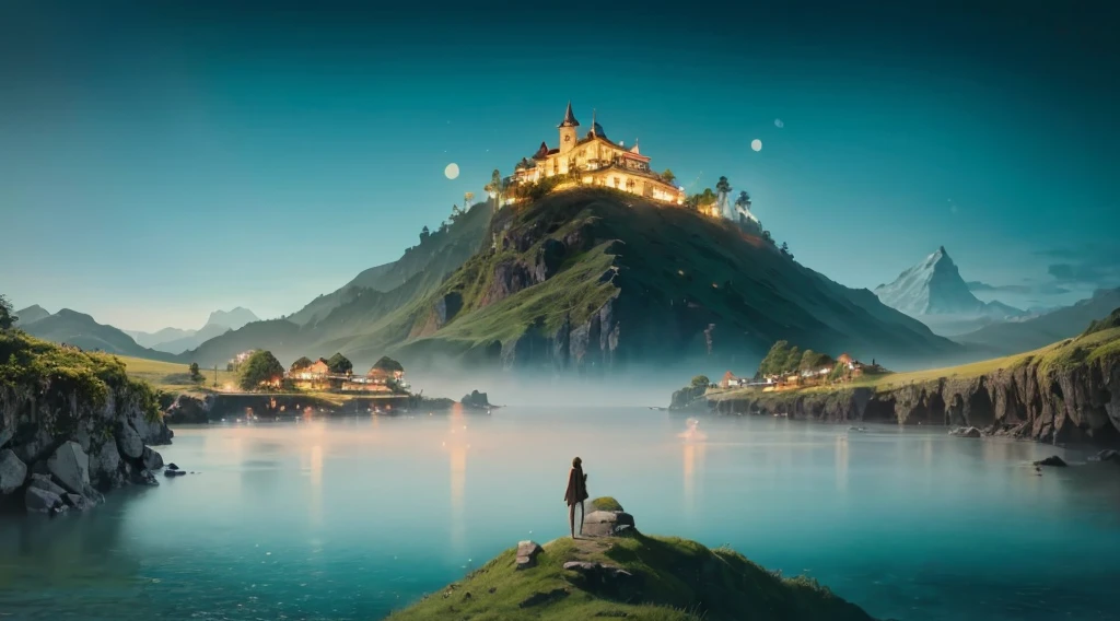 An open ocean shore, majestic mountains on the sides, a symmetrical beautiful stone bridge over the ocean, the stone bridge looks like human hands, a stone bridge created by nature itself, a stone bridge in the shape of a human hand, a stone bridge overgrown with greenery and bushes, very beautiful illustration, Rich in Detail and Color, (Iridescent: 1.2), (Glow, Atmospheric Lighting), Dreamy, Magical, (Solo: 1.2) dreamy, ethereal, ultra-detailed, Strong contrast, Good depth of field, 8K wallpaper, Masterpiece, Aesthetic illustration in realistic style, best quality, natural light, high res, highly detailed. At its base is a house, its lights glowing in the dimness of the tropical forest gloom, lights hang in the air, ethereal and mystical, magical atmosphere, beautiful and dreamy, fantasy style, dreamlike fantasy art, Photorealistic drone photo of a mountain slope, All the colors and materials in this work are very harmoniously combined, on the mountain is a cozy city of angels