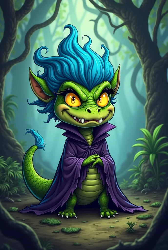 I need a picture of Cuca as a cartoon , character from Brazilian folklore, this character image is an alligator and an evil witch, but I want her to be cute and mean