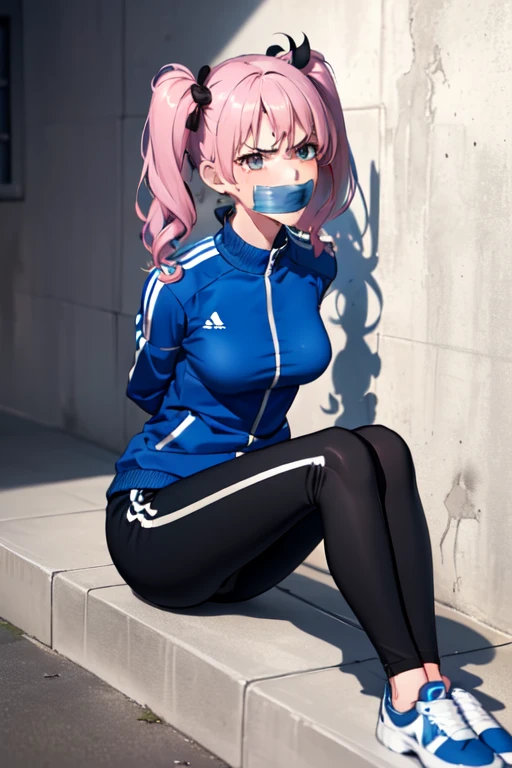 ((1 girl)), ((twin tails)), (sexy),  ((simple_background)), ((concrete floor, concrete wall)), ((underground room)), ((arms behind back)), ((scowl)), ((sitting on the knees)), ((tape gag)),  ((helpless)), ((calm)), ((struggling)), (blue tracksuit,tracksuit,tights pants, long black pants)