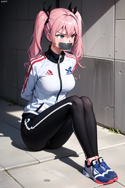 ((1 girl)), ((twin tails)), (sexy),  ((simple_background)), ((concrete floor, concrete wall)), ((underground room)), ((arms behind back)), ((scowl)), ((sitting on the knees)), ((tape gag)),  ((helpless)), ((calm)), ((struggling)), (blue tracksuit,tracksuit,tights pants, long black pants)