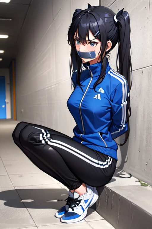((1 girl)), ((twin tails)), (sexy), ((simple_background)), ((concrete floor, concrete wall)), ((underground room)), ((arms behind back)), ((scowl)), ((sitting on the knees)), ((tape gag)), ((helpless)), ((calm)), ((struggling)), (blue tracksuit,tracksuit,tights pants, long black pants)