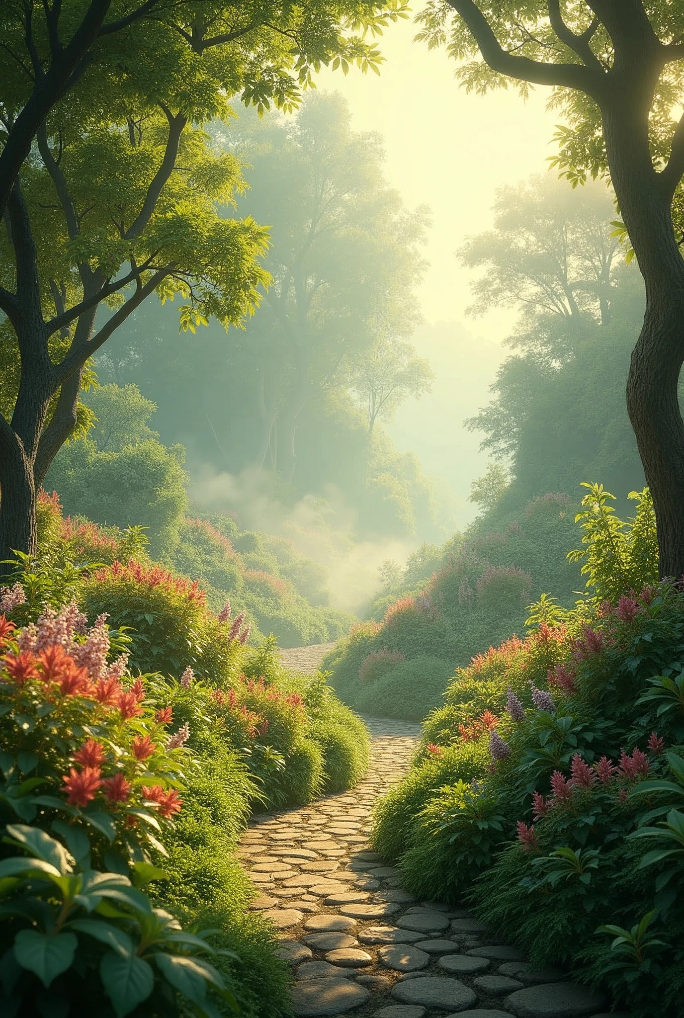 beautiful heavenly garden, haze, mist, vibrant colors, morning dew on leaves, early morning, (best quality,4k,8k,highres,masterpiece:1.2),ultra-detailed,(realistic,photorealistic,photo-realistic:1.37),intricate details, lush foliage, serene atmosphere, warm lighting, dreamy landscape, soft focus