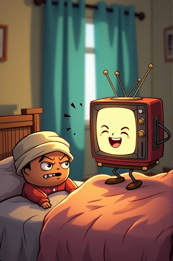 A happy talking television with the angry bed the pillow would be and the curtain worried animated
