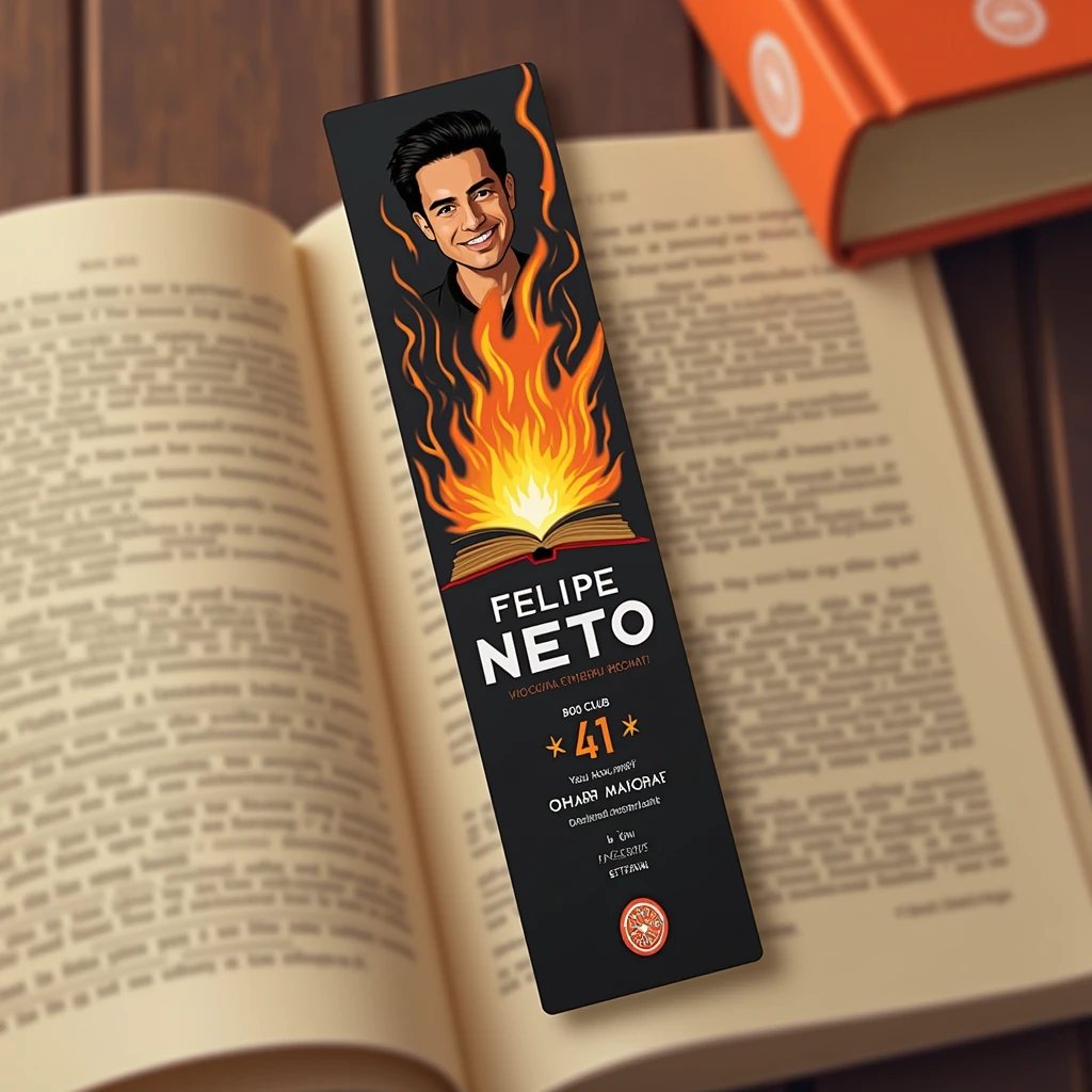 Create a bookmark-sized image that references Youtuber Felipe Neto and the book Fahrenheit 451.. Also put some references to the fn book club. New club founded by Felipe Neto.