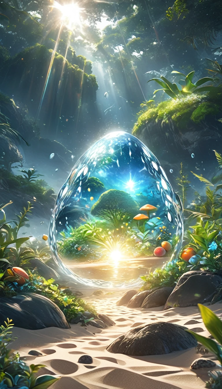 Very detailed, Super complicated, Very accurate, A mysteriously shining island, Transparent full color, Holographic shine and reflection, Pursuing the expression of mysterious light, Blake Mysterious Plant, Detailed and accurate, Brightly colored fruits, The charm of fresh greenery, A balance of precise, delicate brushwork and beautiful colors, Blake the Mysterious Rock, Inorganic silence, Detailed and realistic textures, The Philosophy of Solitude, Blake Mystic Water, High transparency, Fine and attractive liquid texture, Source of life, Absolute aesthetics that transcend human rationality, Secret Beach, Small grains of sand, High quality sand, Blake: The Magical Island Shrouded in Mist, Mysterious Accumulation, Mysterious light pours down, Dramatic lighting, practical, composition, Dynamic Perspective, Blake: A work of art depicting a mysterious island with extreme aesthetics, Super Retina, 