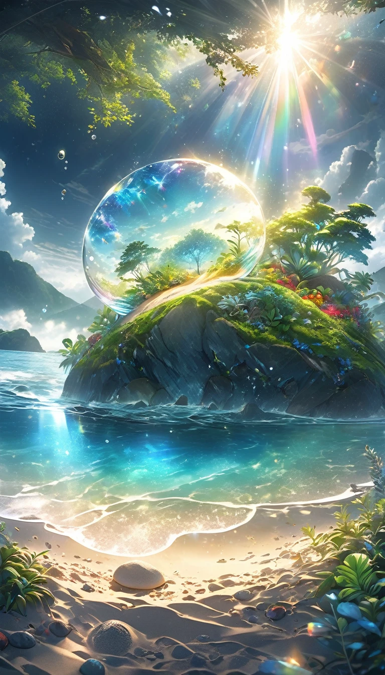 Very detailed, Super complicated, Very accurate, A mysteriously shining island, Transparent full color, Holographic shine and reflection, Pursuing the expression of mysterious light, Blake Mysterious Plant, Detailed and accurate, Brightly colored fruits, The charm of fresh greenery, A balance of precise, delicate brushwork and beautiful colors, Blake the Mysterious Rock, Inorganic silence, Detailed and realistic textures, The Philosophy of Solitude, Blake Mystic Water, High transparency, Fine and attractive liquid texture, Source of life, Absolute aesthetics that transcend human rationality, Secret Beach, Small grains of sand, High quality sand, Blake: The Magical Island Shrouded in Mist, Mysterious Accumulation, Mysterious light pours down, Dramatic lighting, practical, composition, Dynamic Perspective, Blake: A work of art depicting a mysterious island with extreme aesthetics, Super Retina,