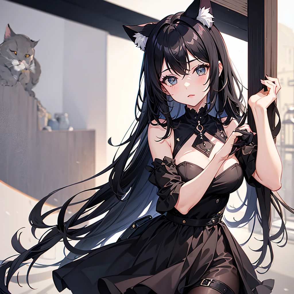 A beautiful girl with black hair and cat ears