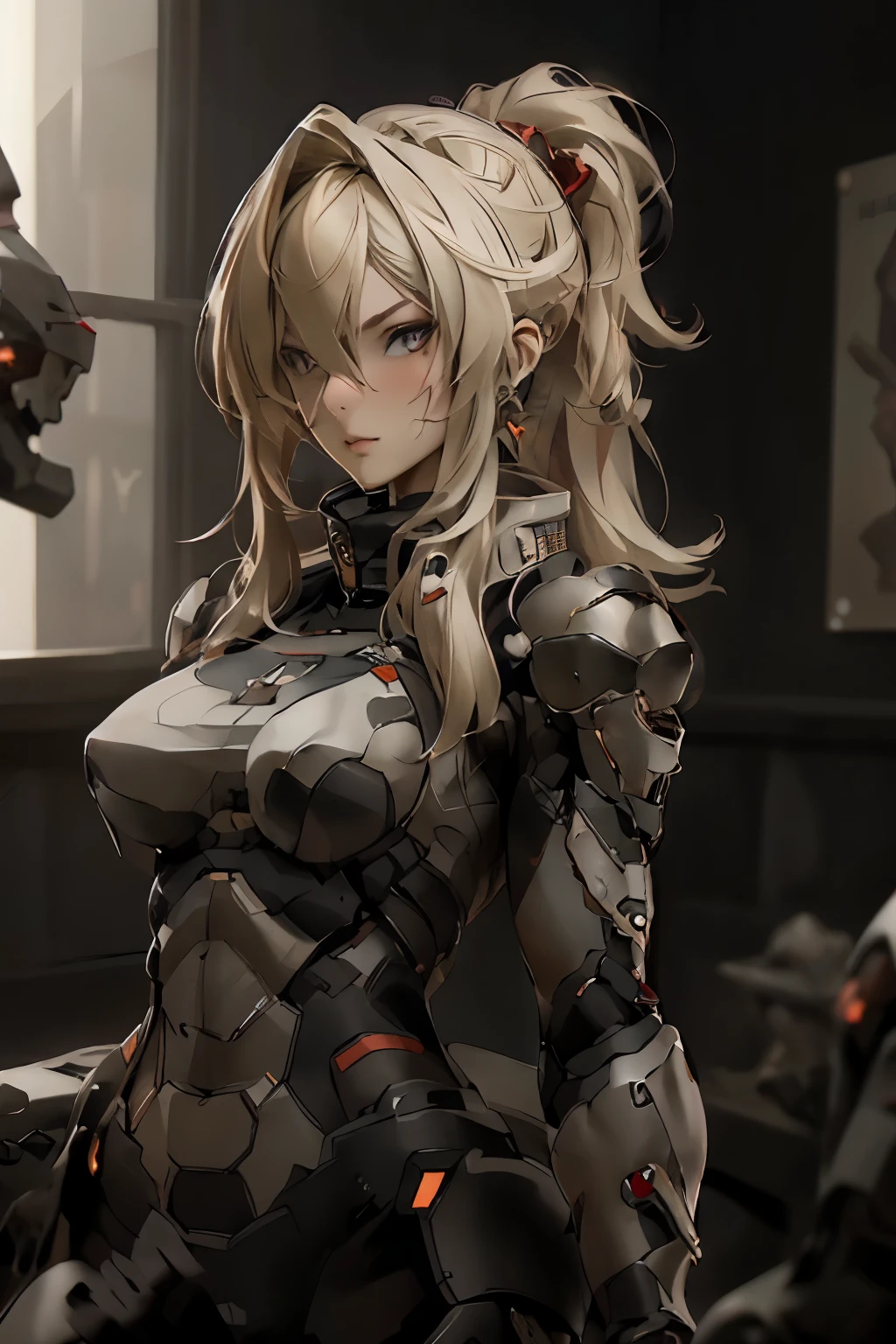 ((best quality)), ((Masterpiece)), (details:1.4), 3d, HDR (high dynamic range), an image of a beautiful cyberpunk female, Hight ponytails, Blonde hair, Red eyes, จมูกโด่ง, ปากแดง, หน้าอกใหญ่, nvidia RTX, PBR surface, After processing, Anisotropic filtration,depth of field, Maximum clarity and clarity, multi-layered surface, Subsurface scattering, perfect proportions, 8K raw files, ความละเอียดสุดยอด, Unreal 5, Perfect proportions, Octane Render, Two-tone lighting, Wide aperture, Low ISO, รายละเอียดดวงตา, crusader, Heavy Black armor, Fierce, Black helmet