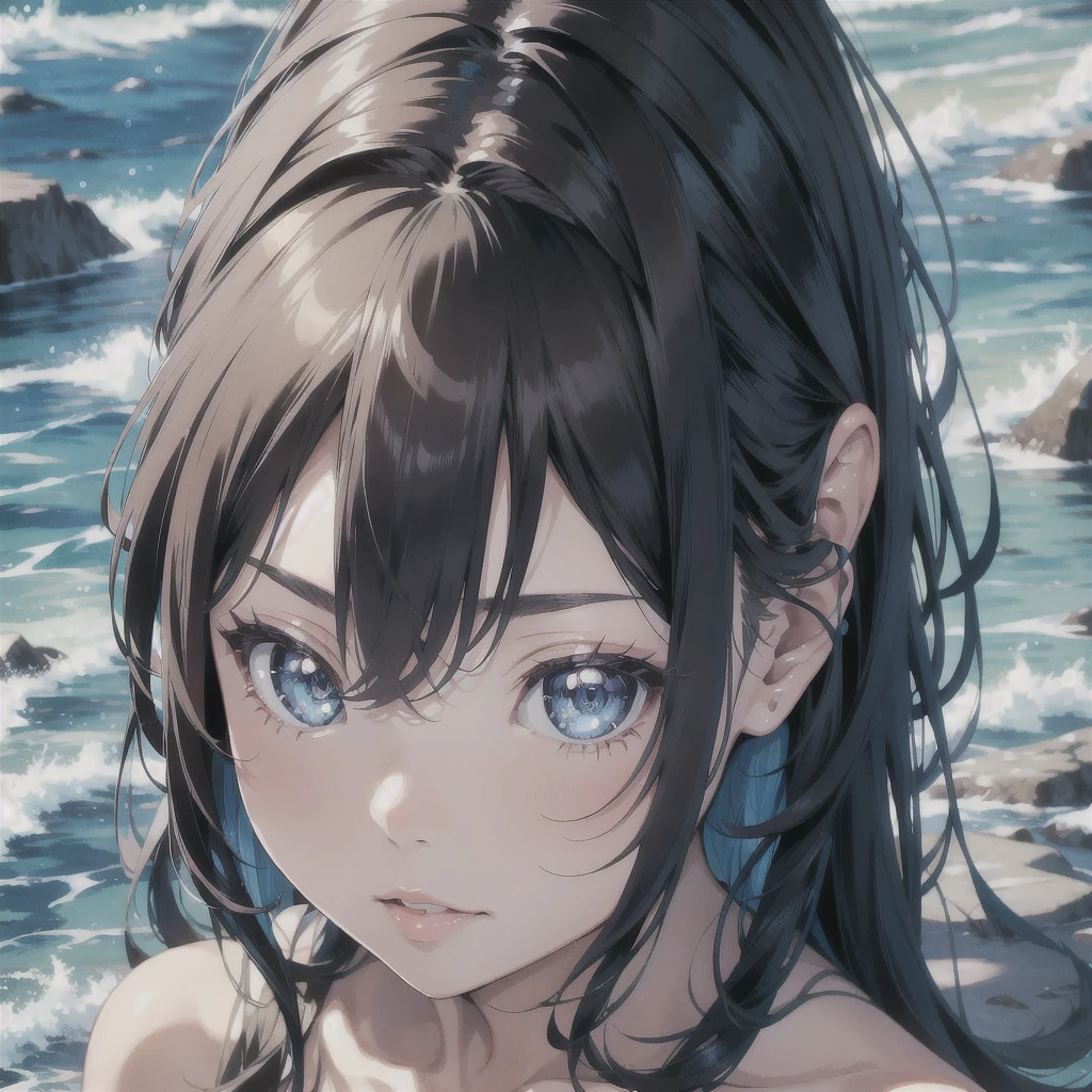 1girl, solo, mermaid, hidden cove, deep ocean hair, pearls and seaweed, aquamarine eyes, shell top, iridescent scales, coral reefs, bioluminescent fish, sparkling water, serene expression, ocean magic, fantasy setting, detailed art, soft glow, black gloves, detailed gloves, lips, shiny skin, shiny scales, expressive face, expressive eyes, anime screencap, intricate details, masterpiece, best quality, very aesthetic, absurdres, newest, detailed background, detailed face, detailed eyes, detailed scales, intricate, vivid colors, dynamic lighting 