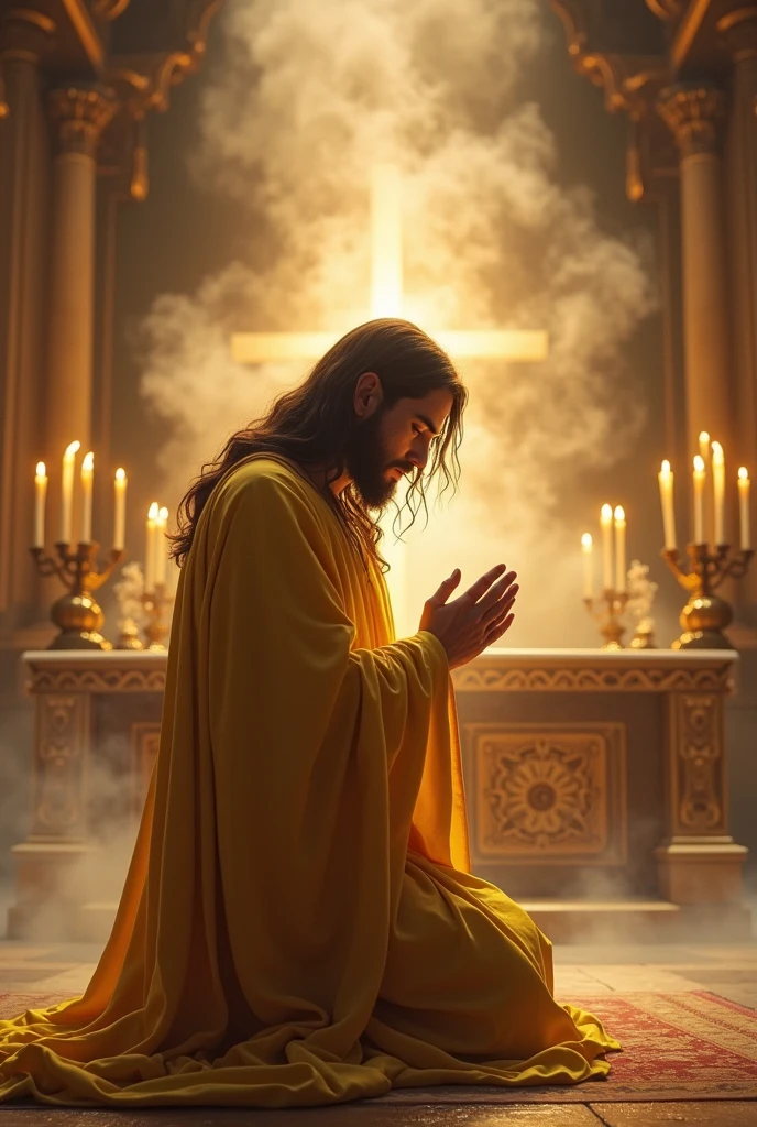 (photorealism:1.2), Crying handsome Jesus Christ, kneel praying under the altar of the priest that full of clouds and sorrounded of many candles, wearing the most elegant yellow clothes of the king with light in his head and heart spreading all over, perfect face impression, perfect five finger, long beautiful nice view of hair, indoors, high lighting, clouds in background, beautiful light, perfect church and clouds, relaxed pose, realistic, intricate details, light colors,
