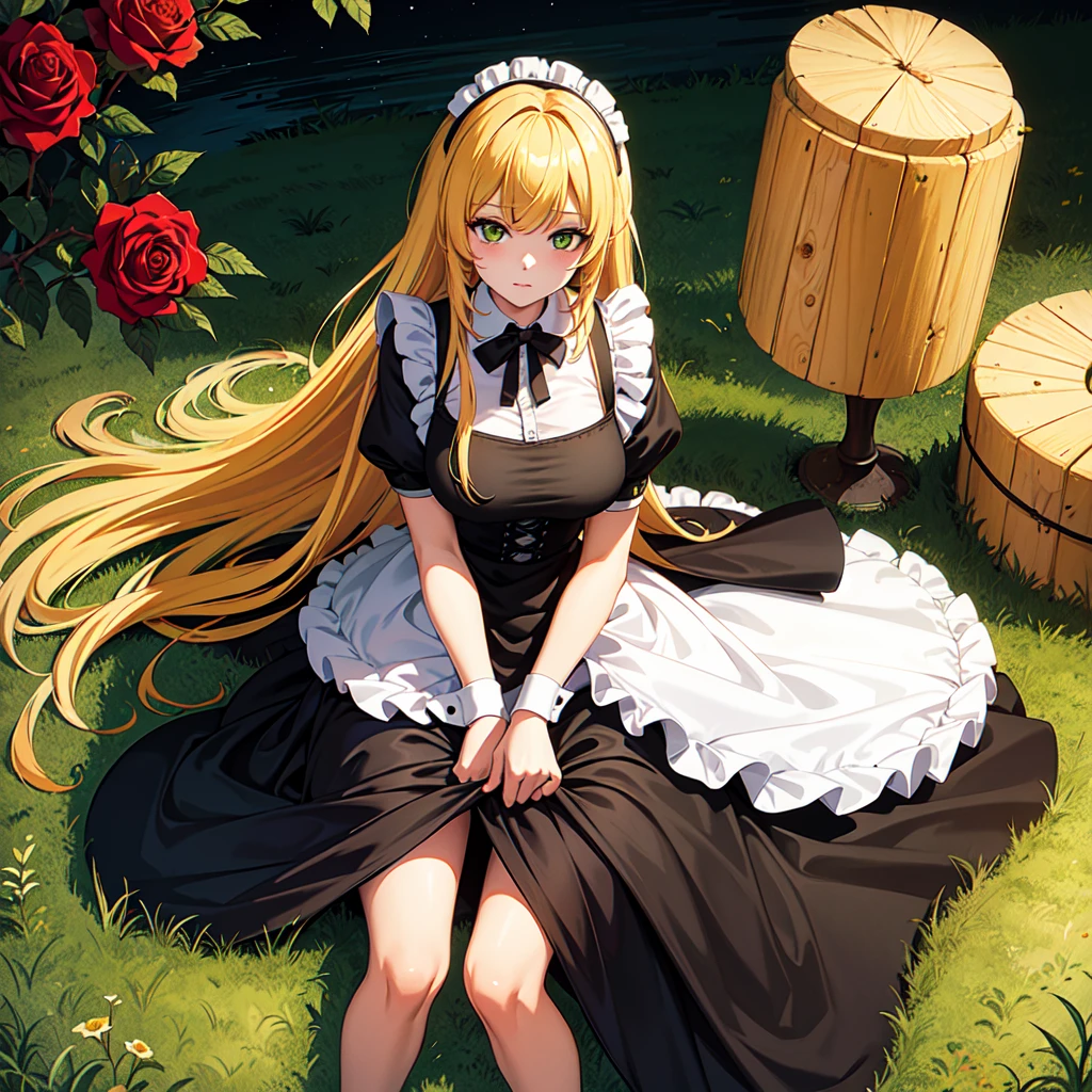 one woman, alone, ((big: 1.4)), ((high resolution)), ((Masterpiece)), ((best quality)), (very detailed)), big_File size, Full color, Detailed background, long yellow hair, Green Eyes, (eyeliner),maid, Maid outfit, red, sit, nighttime, rose