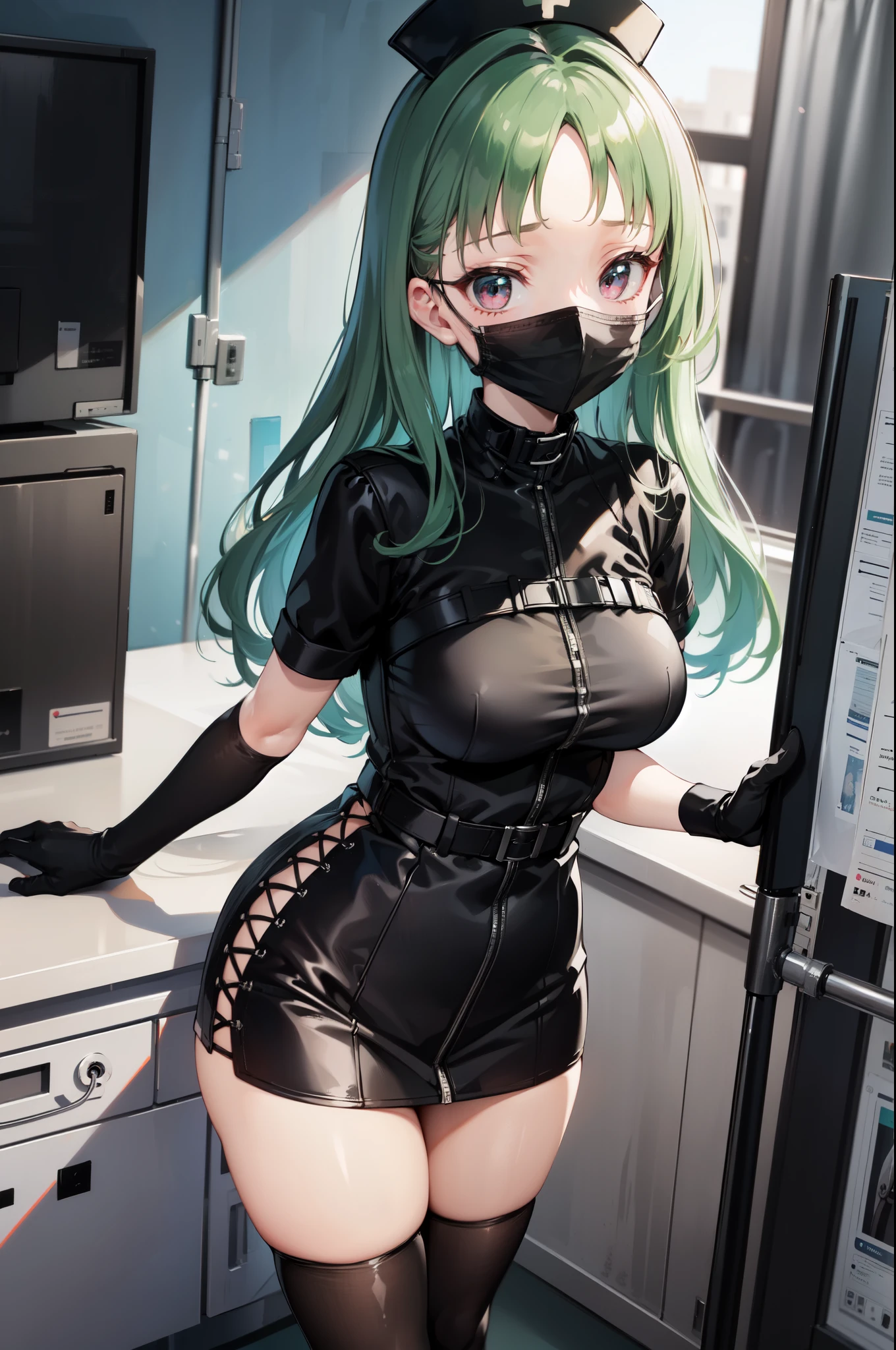 black nurse, 1woman, solo, black nurse cap, black nurse uniform, ((black legwear, zettai ryouiki)), black elbow gloves, forehead, long hair, green hair, pink eyes, ((black surgical mask, covered nose)), standing, ((surgery room)), sharp outline, short sleeves, mature female, 35 years old, best quality, masterpiece