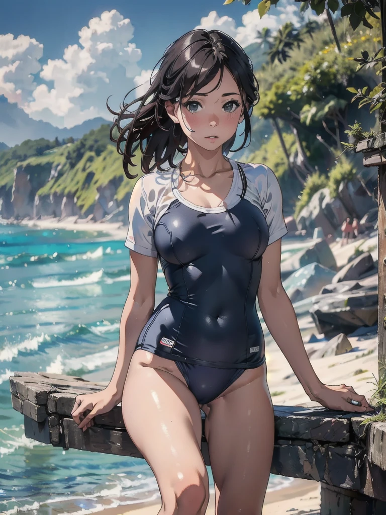 (8k, RAW Photos, Highest quality, masterpiece: 1.2), (Realistic, Realistic: 1.37), 1 person, Beach, School Swimsuit .50mm lens