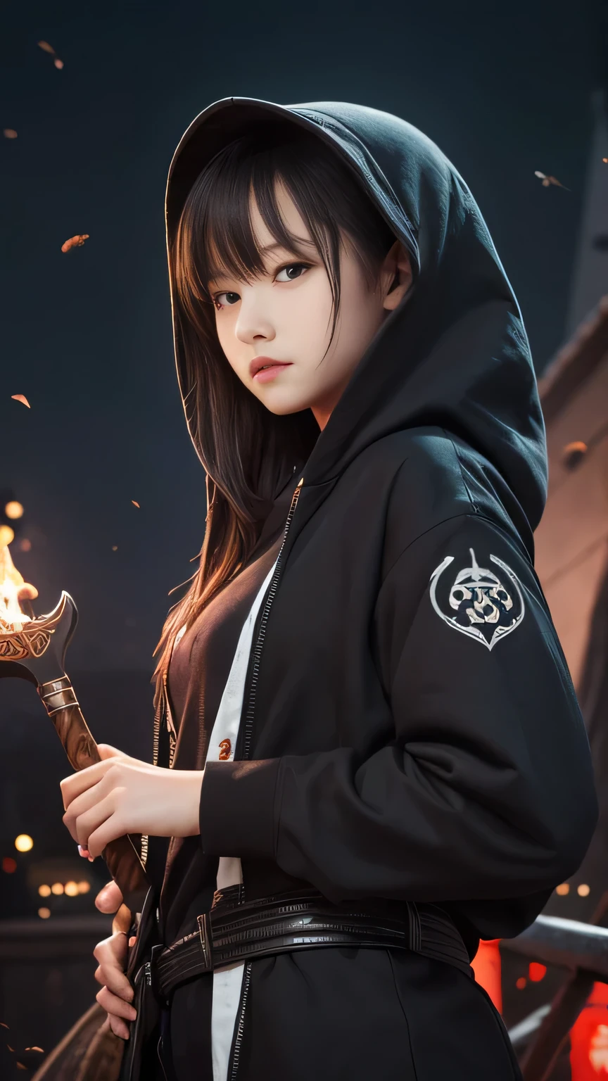(Cute beautiful girl)(13 years old)(Middle school students)(Dragon on background)(Hooded)female, Holding a black sickle emblazoned with a symbol of Japan signifying death, Black flames emerge from the decoration., The sickle blade comes out of it.、A black wind blows with the ghost of a skull, Judy female with perfect face and scythe is wearing the appropriate outfit of scythe steel, The female has black hair, The woman is the incarnation of the Grim Reaper., (The background of the CG 8k module is very detailed) (Highest quality), (Best illustrations), (Best shade), Very detailed t--v6