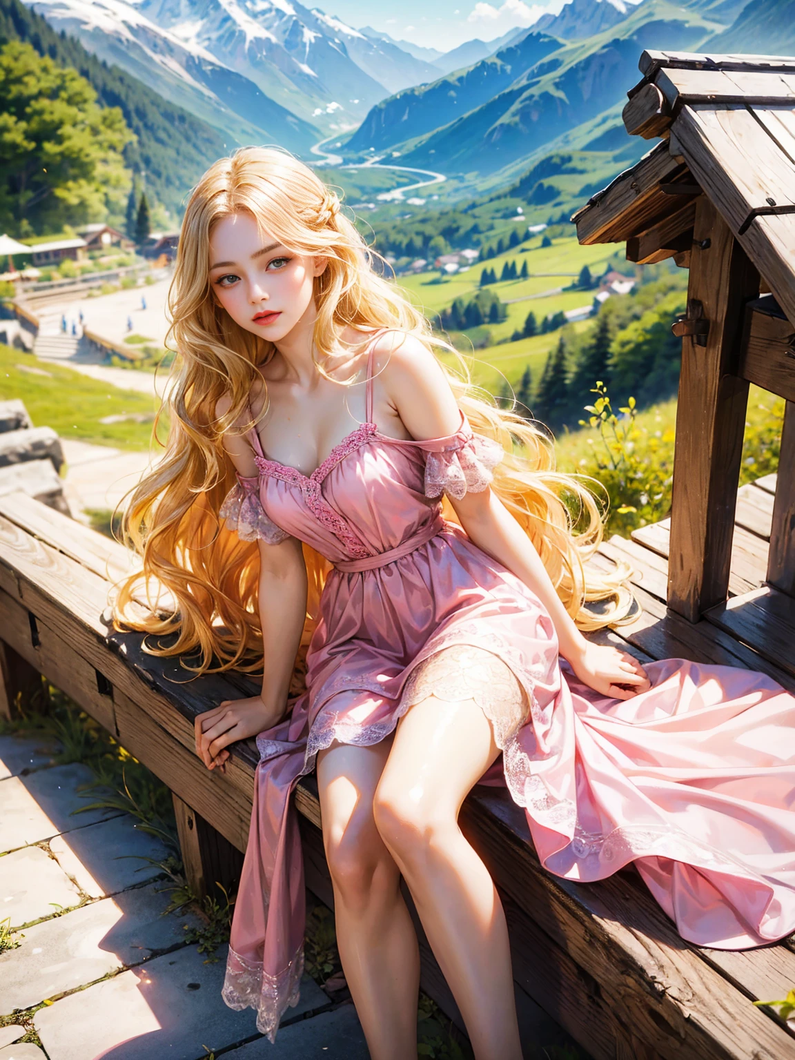 A girl, long blonde hair, wavy hair, no bangs, grey eyes. She wears a pink short sundress, beautiful legs, beautiful girl, detailed eyes, detailed face, detailed hands. She looks at the viewer. Background outside a mountain chalet