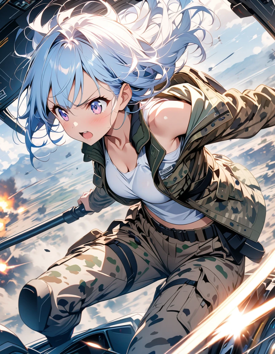anime、Light blue hair、Near future、In the cockpit、White tank top、Camouflage jacket､Camouflage trousers、In combat、beautiful girl