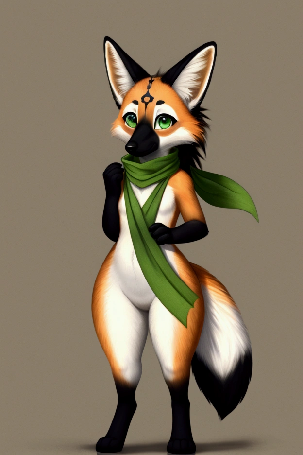 Small, thin, female maned wolf with good, big thighs and orange fur with white, black legs and black ears and cute green eyes and she is wearing a full-body green scarf and is s old..