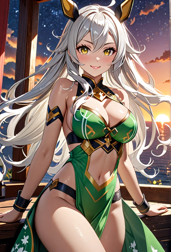 1 girl, golden ship \(Uma Musume\), Uma Musume, silver hair, (safe:1.5), (masterpiece:1.2),(Best Quality:1.2),The newest one, generated by AI, intricate details, (pixiv:1.3), (bishoujo:1.2), beautiful face, Perfect skin, very complex face, Extremely detailed CG unity 8k wallpaper, (Generated AI), (Realism), art station hd, slim figure, particle effects, busty, pretty eyes, (adolescent:1.2), blarky ( Beautiful caucasian woman, very long hair, (platinum white hair:1.4), hair between the eyes, (yellow eyes:1.3), White skin, (big breasts), Highlight the eyes, (age 16 years:1.3), tall woman, expressive face, attractive appearance, attractive face, perfect body), (eyeliner:1.0), BREAK (bikini verde :1.2), (clavicle), (beautiful night sky:1.1), (Sunset, Sunset glow:1.1), sunlight, sparkling, (head to thigh:1.2), ( smile ), messy hair, ultra detailed, illustrations, (Conceptual art:1.1), (looking at the viewer:1.1), (limited tone:1.05), (4k wallpaper:1.05), (cinematic light:1.1), (beautiful detailed eyes:1.2), (all intricate:1.05), (Light rays:1.1), cowboy shot, Chapped lips, charming smile, (seductive position:1.2)