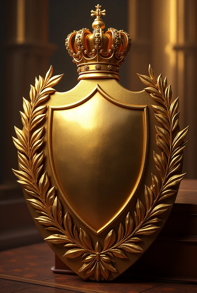 A golden shield with laurels and a crown above