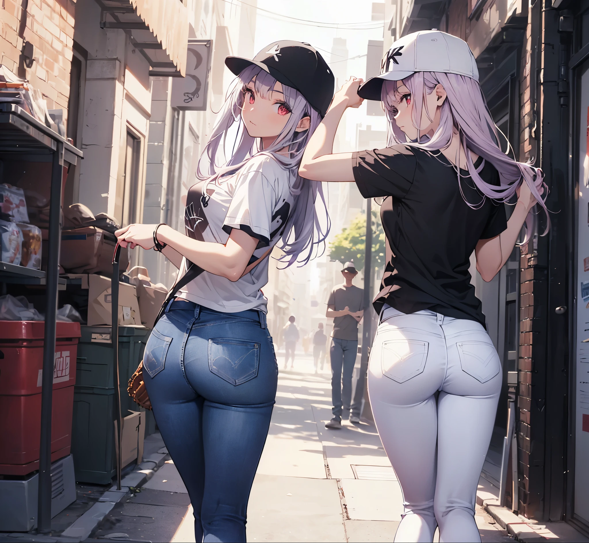 (Close-up:1.3),Realistic,Highest quality, Super detailed, High-quality CG rendering, The most delicate and beautiful, Floating softly, High resolution, (1 person), (Highest quality,4K,8k,masterpiece:1.2), Light purple hair,(Long Hair:1.5),Red eyes,(Black short sleeve T-shirt:1.4),(Pure white skinny jeans:1.4),(Pure white baseball cap:1.3),In the city,old buildings,Narrow Alley,(Turn your back to your audience:1.3),Butt