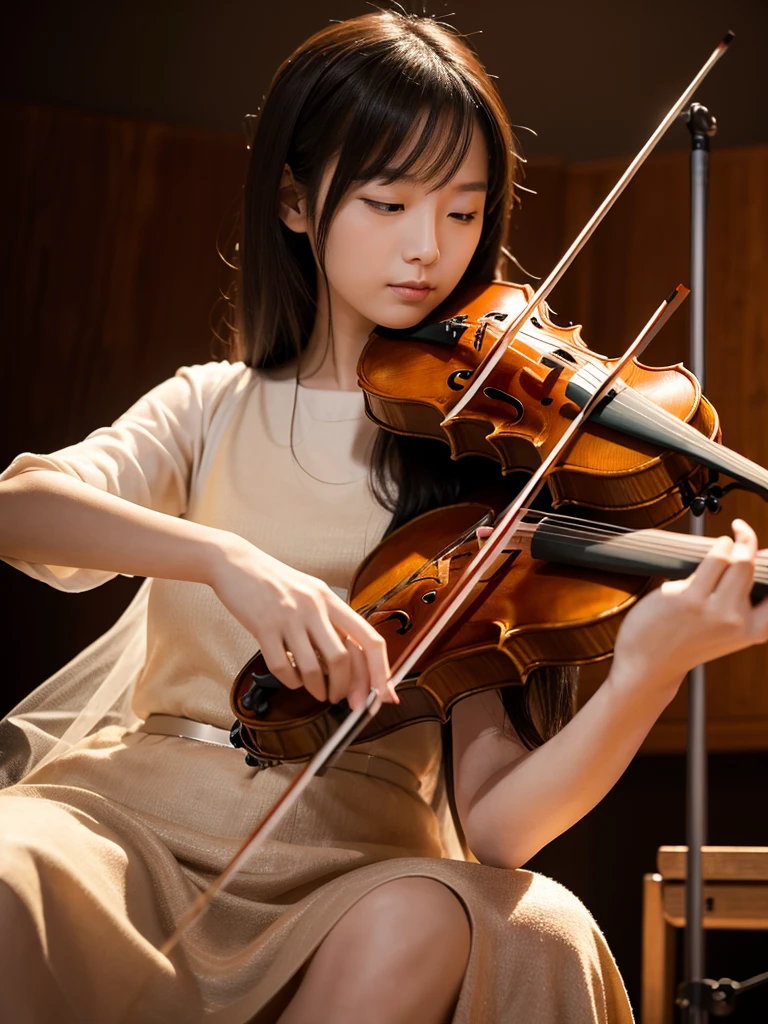 A real portrait of an art performance featuring an Asian woman playing the violin sitting gracefully while plucking the strings like a professional player, the calmness on her face looks warm, the stage background is complete with other musical instruments, hyper realistic, HD, 8k