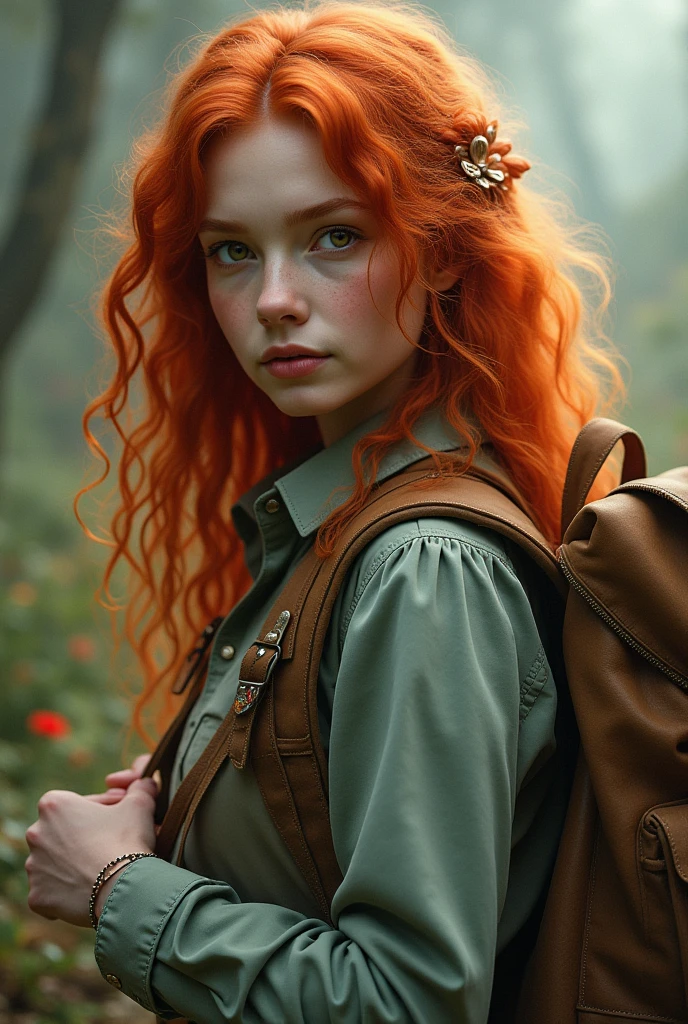 A red-haired woman with curly hair and light brown eyes , holding a backpack
