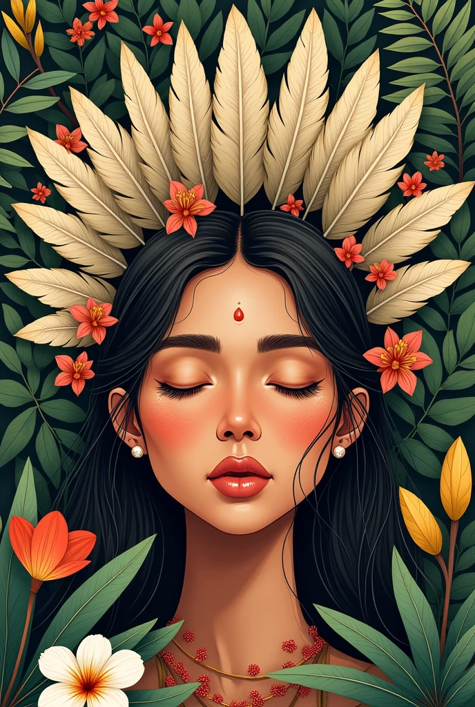 Illustration of a Guane indigenous female face looking straight ahead with her eyes closed with a feather headdress and flowers and plants around her