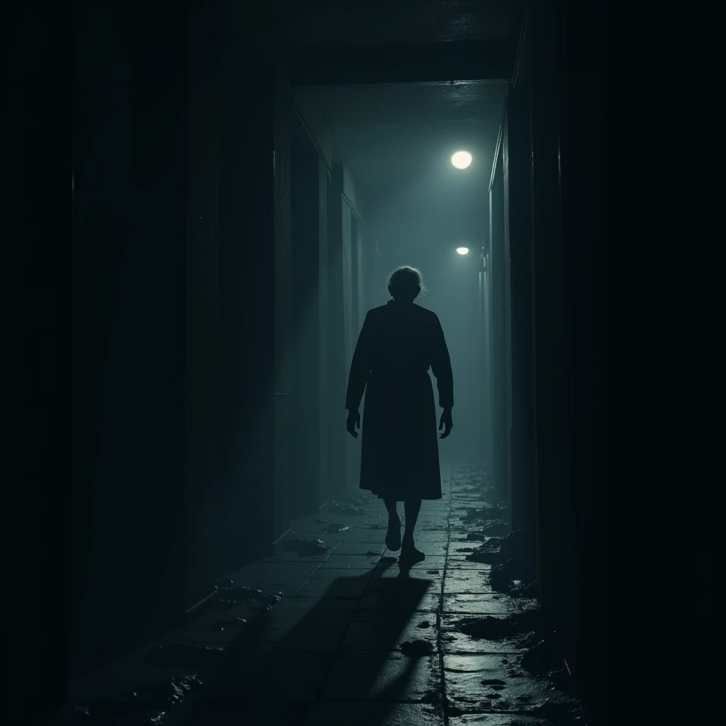 An elderly person carefully walking through a dark hallway towards the kitchen at night, with the intention of getting a glass of water. The scene should emphasize the danger and risk of tripping or falling due to poor lighting, with shadows and minimal illumination creating a sense of vulnerability. The focus should be on the elderly person navigating the dark environment, highlighting the need for proper lighting to prevent accidents