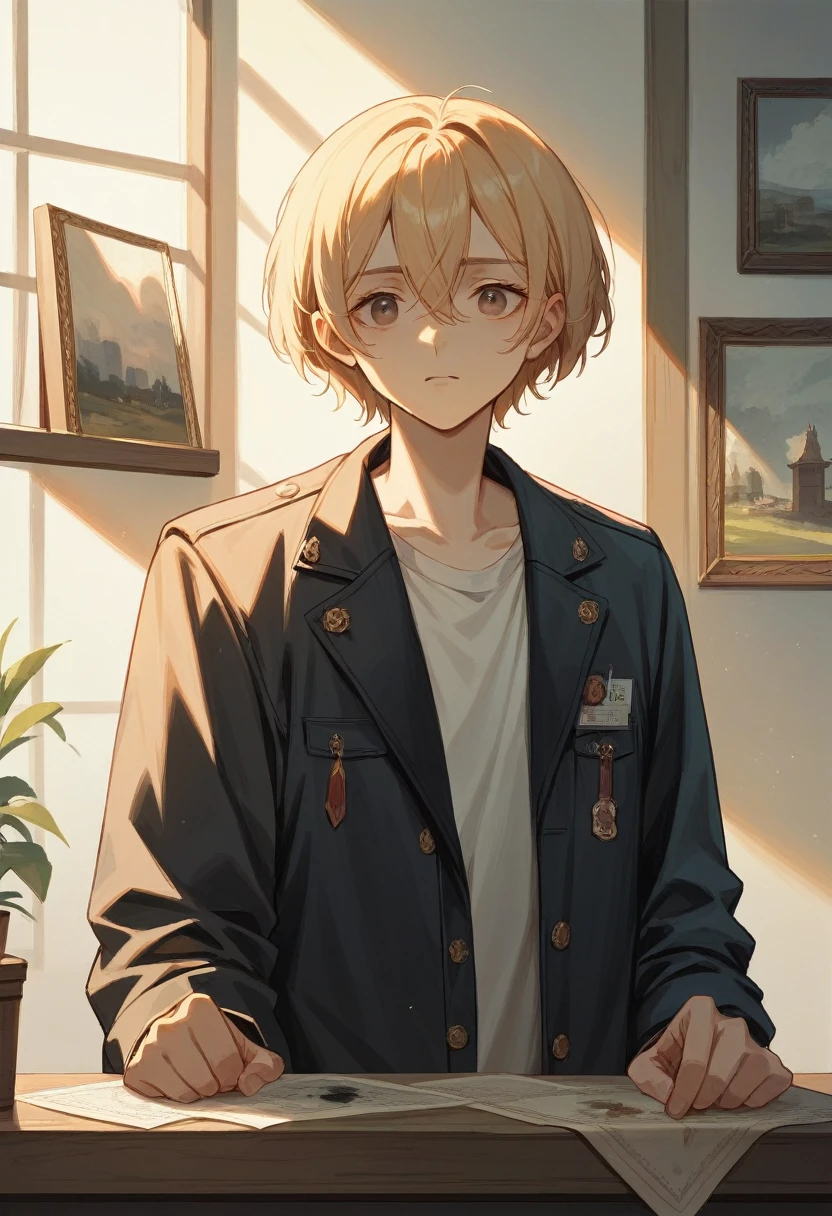 1 chico jimin , (8k, Best Quality, masterpiece:1.2),Very detailed,ultra detailed,master class,Best Quality,illustration,hair_in between_eyes,perfect lighting, black jacket cv16, painting works behind