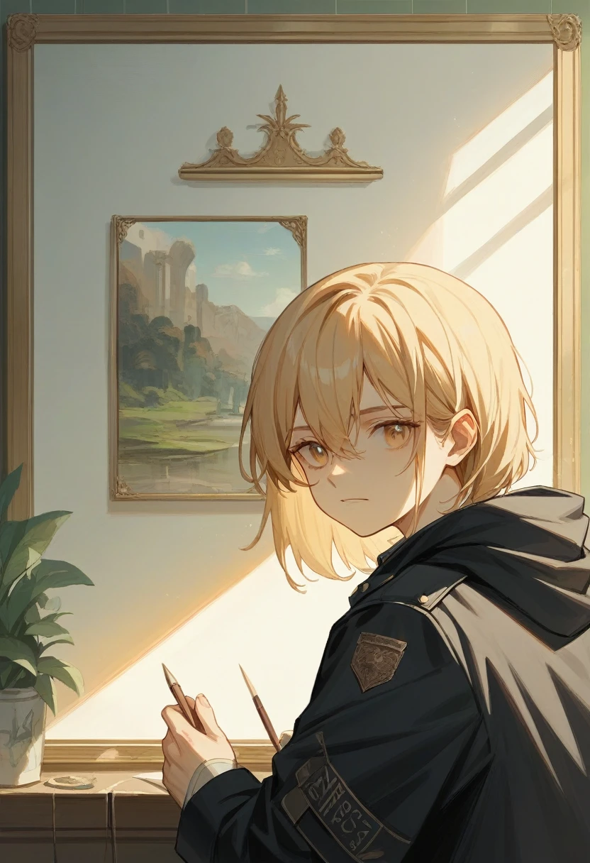 1 chico jimin , (8k, Best Quality, masterpiece:1.2),Very detailed,ultra detailed,master class,Best Quality,illustration,hair_in between_eyes,perfect lighting, black jacket cv16, painting works behind