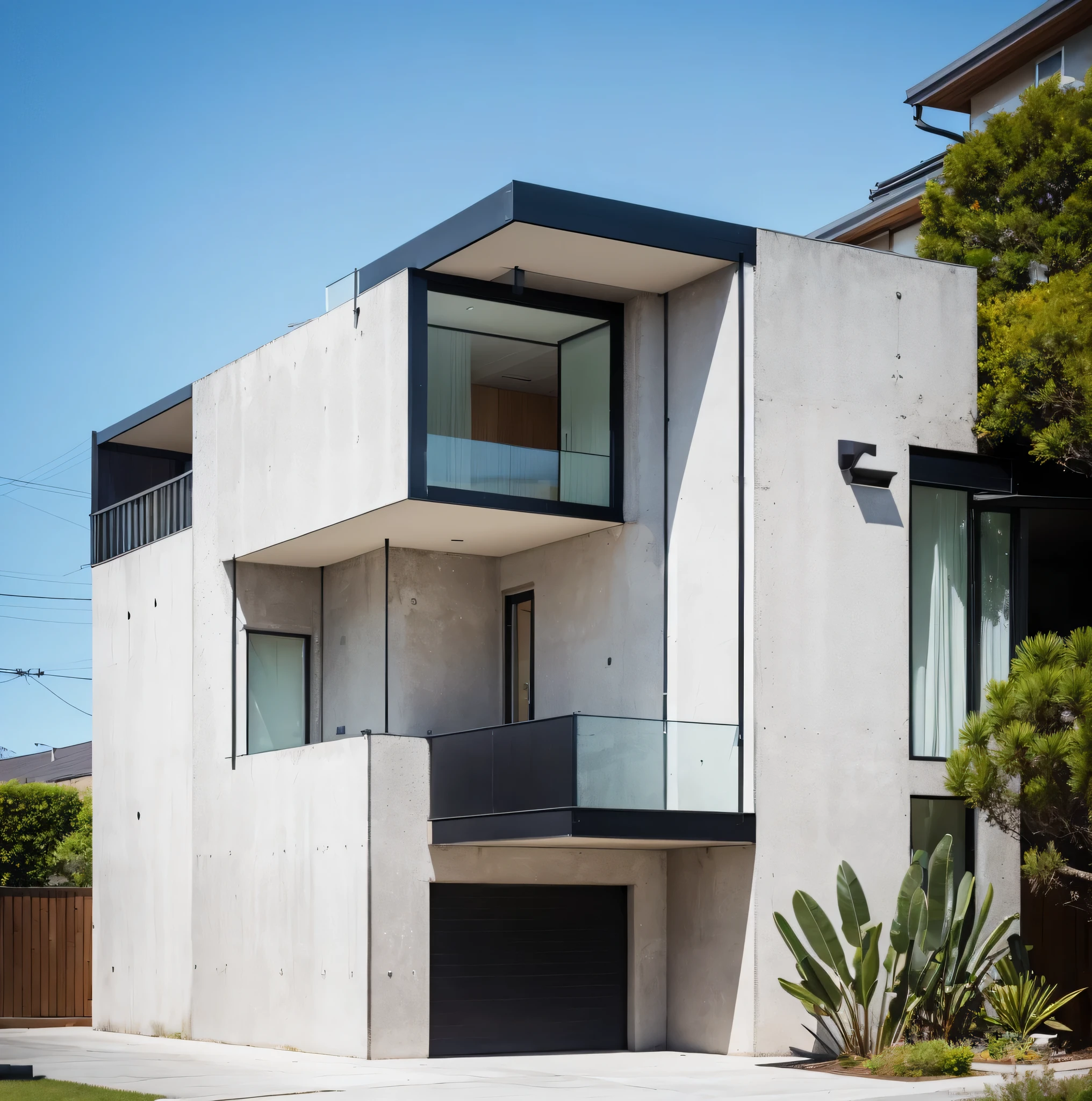 house exterior contemporary style, modernism, glass doors and windows,black metal rail, conwood ceilling, masterpiece, highquality, realistic photo, canon eos 5D mark, natural light