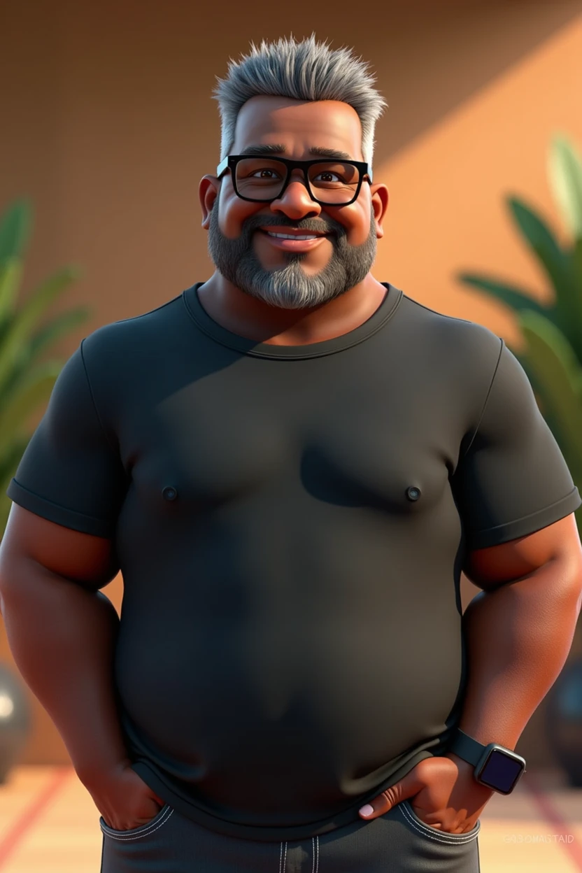 Create a stylized 3D cartoon character of a middle-aged black man with very short hair, wearing modern black glasses. The character should have a broad build but without a belly or muscular physique, and a friendly expression, but not smiling. His skin tone is dark brown with a warm undertone. The man has only two prominent vertical wrinkles on his forehead between his eyebrows. His beard is trimmed and sparse, with more white hairs on the chin and the rest being dark gray. His hair is gray, extremely short on top, styled to the right side, and shaved on the sides. The man has hairy arms and does not wear any accessories or jewelry, except for a black smartwatch. He is looking directly at the camera, not cross-eyed, and not smiling. The man is dressed in an oversized black t-shirt and dark gray pants without a belt. The character should be rendered in a stylized, animation-style, with a Pixar-like quality, using Arnold Maya render or toon Keyshot render. The rendering should be high quality, with cinematic lighting, sharp focus, detailed textures, detailed skin, clay-like finish, and bokeh effects in 8K resolution.