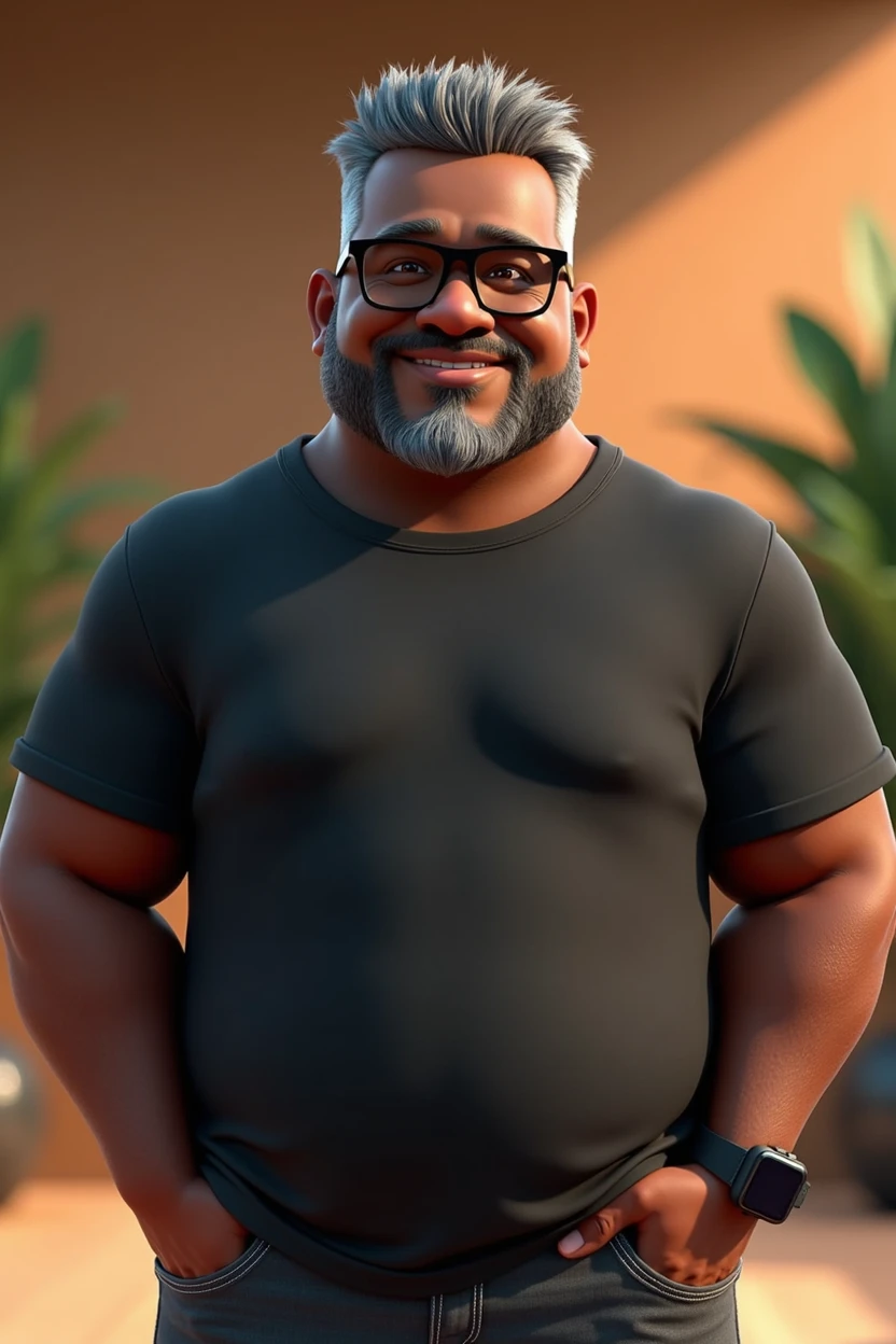 Create a stylized 3D cartoon character of a middle-aged black man with very short hair, wearing modern black glasses. The character should have a broad build but without a belly or muscular physique, and a friendly expression, but not smiling. His skin tone is dark brown with a warm undertone. The man has only two prominent vertical wrinkles on his forehead between his eyebrows. His beard is trimmed and sparse, with more white hairs on the chin and the rest being dark gray. His hair is gray, extremely short on top, styled to the right side, and shaved on the sides. The man has hairy arms and does not wear any accessories or jewelry, except for a black smartwatch. He is looking directly at the camera, not cross-eyed, and not smiling. The man is dressed in an oversized black t-shirt and dark gray pants without a belt. The character should be rendered in a stylized, animation-style, with a Pixar-like quality, using Arnold Maya render or toon Keyshot render. The rendering should be high quality, with cinematic lighting, sharp focus, detailed textures, detailed skin, clay-like finish, and bokeh effects in 8K resolution.