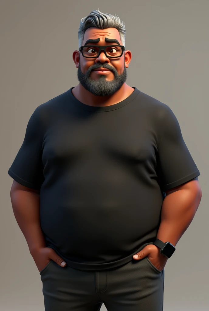 Create a stylized 3D cartoon character of a middle-aged black man with very short hair, wearing modern black glasses. The character should have a broad build but without a belly or muscular physique, and a friendly expression, but not smiling. His skin tone is dark brown with a warm undertone. The man has only two prominent vertical wrinkles on his forehead between his eyebrows. His beard is trimmed and sparse, with more white hairs on the chin and the rest being dark gray. His hair is gray, extremely short on top, styled to the right side, and shaved on the sides. The man has hairy arms and does not wear any accessories or jewelry, except for a black smartwatch. He is looking directly at the camera, not cross-eyed, and not smiling. The man is dressed in an oversized black t-shirt and dark gray pants without a belt. The character should be rendered in a stylized, animation-style, with a Pixar-like quality, using Arnold Maya render or toon Keyshot render. The rendering should be high quality, with cinematic lighting, sharp focus, detailed textures, detailed skin, clay-like finish, and bokeh effects in 8K resolution.