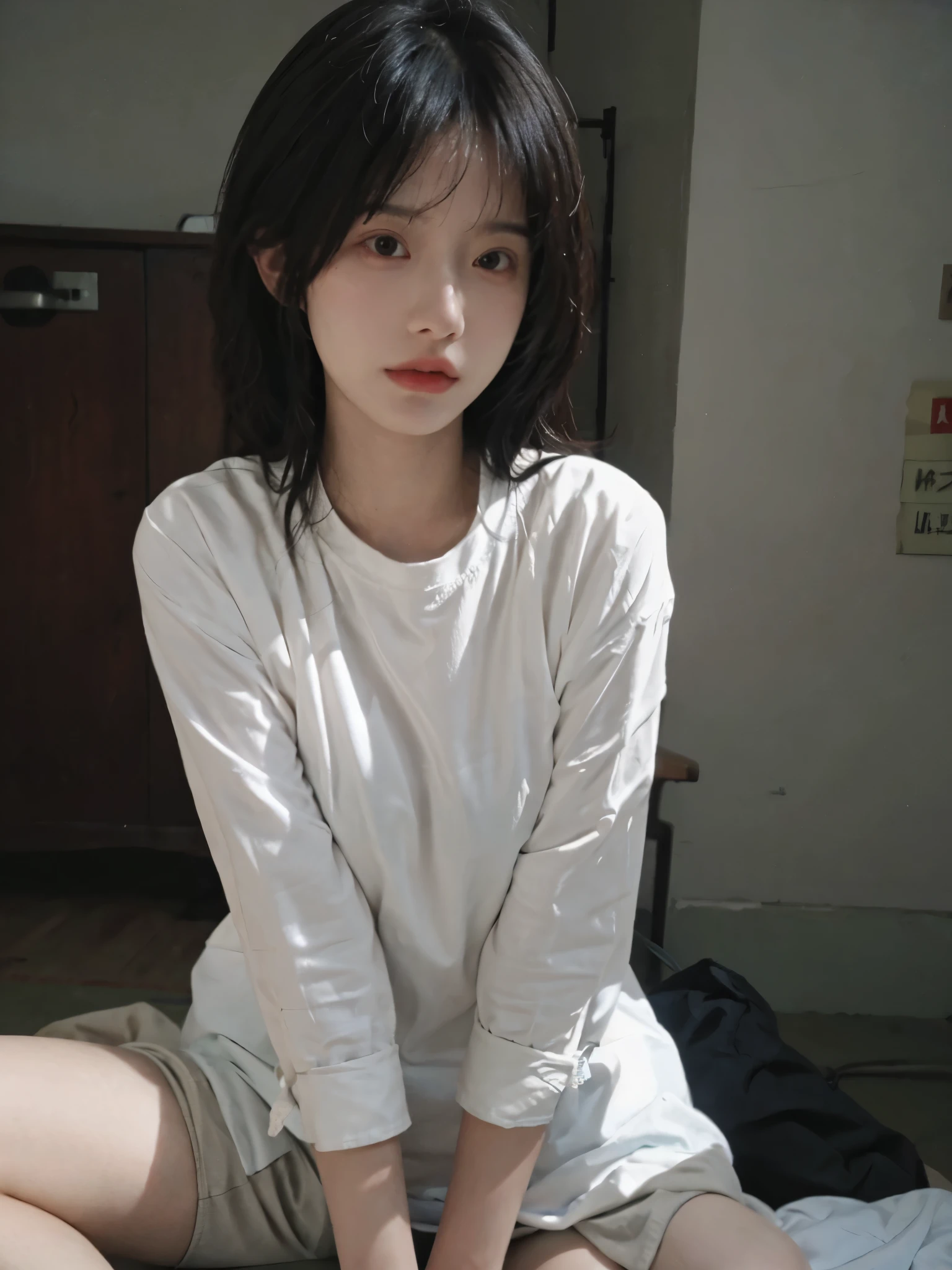 Best quality，masterpiece，Ultra-high resolution，（Photo Realism:1.4)，Girl，Sexy，cute，（shirt:1.2），（Big breasts:1.3)，（whole body：1.4）