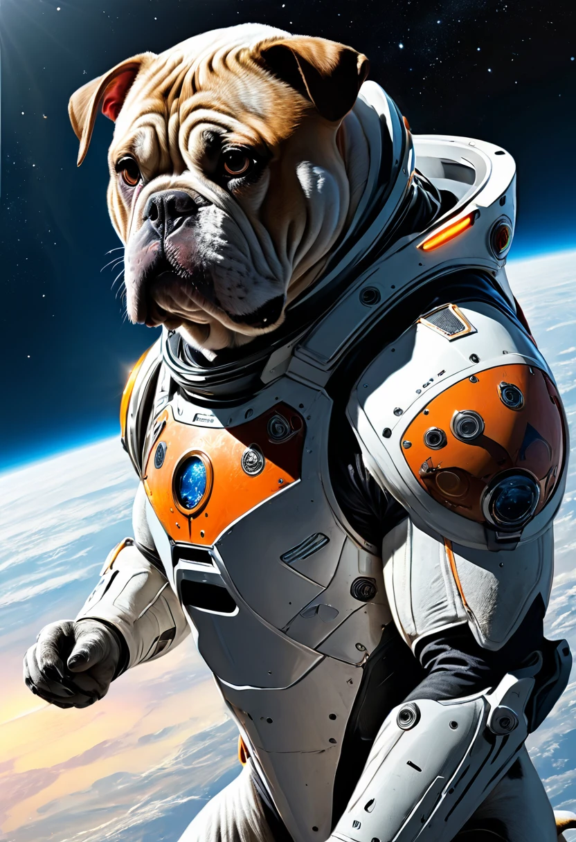 Color ink pen hand drawing, vector graphics design, (best quality, masterpiece:1.2), side view, anthropomorphic, a bulldog, Have Space Suit — Will Travel, simple lines, looking to camera, serteuse look, sci-fi detailed environment, (natural textures, hyperrealism, soft light, sharp:1.2), (intricate details:1.1), hdr, bokeh