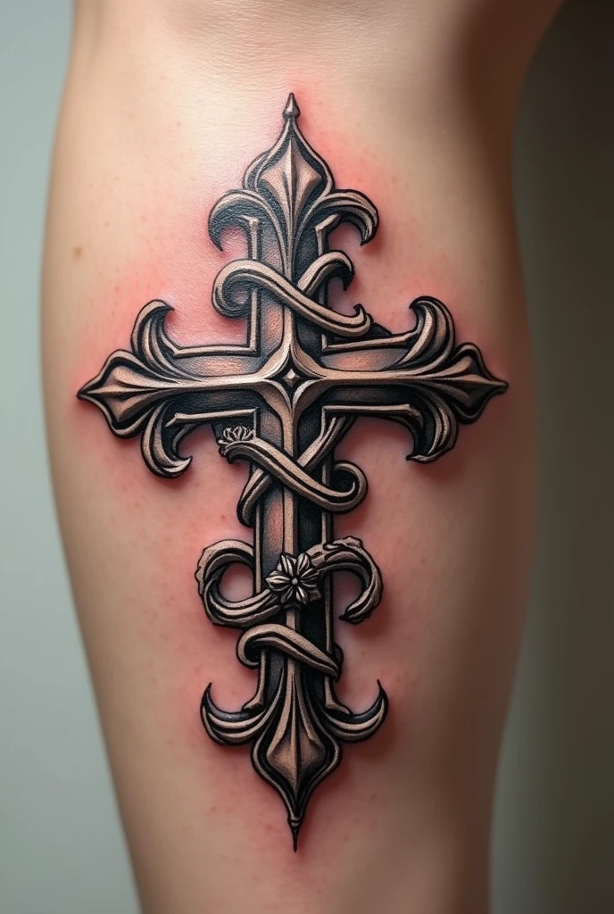 Tatouage croix chrétienne et fleur de lys