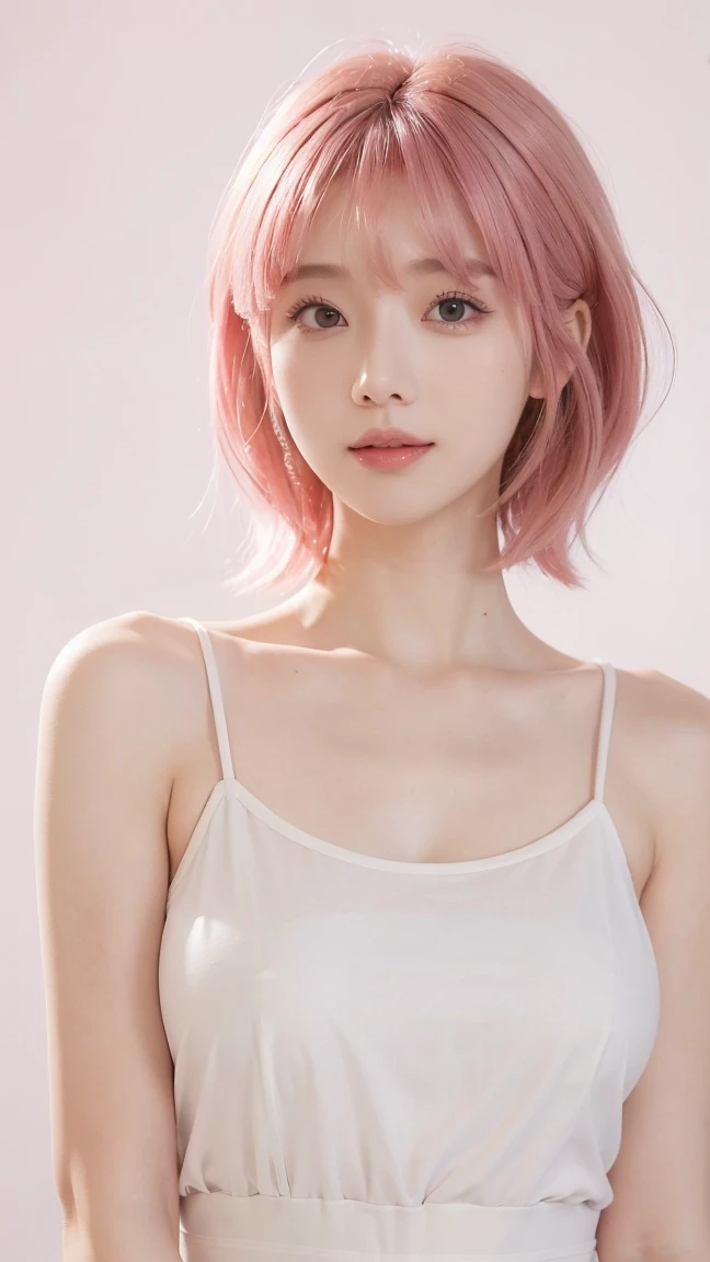 ((masterpiece、best quality))、short hair, ((pink waveing hair color)),((White background)),((camisole)), shape、super detailed、8k、actual、sharp focus、Very detailed、professional lighting、spotlight、Colorful details、Detailed texture,A stunningly beautiful girl,Wearing a transparent cheongsam,(most suitable hairstyle:1.4)、(in the most helpful way:1.3)、(Half-length photo:1.4)、big breasts、、18 years old、Smile、