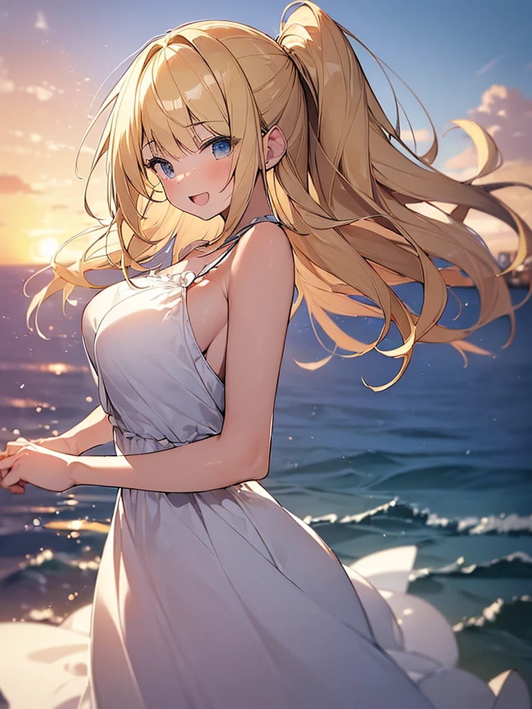 (Masterpiece, Top quality:1.5), (dynamic angle:1.2), (1 beautiful girl, solo:1.2), dynamic pose, (Blonde:1.3), medium Hair, wavy Hair, asymmetry bangs, swept bangs, airy hair, large breasts:1.2, 14 year old, (sundress:1.3), smile:1.3, blush, beautiful scene of seaside, magnificent panorama view, blurry background ,open mouth, sunset