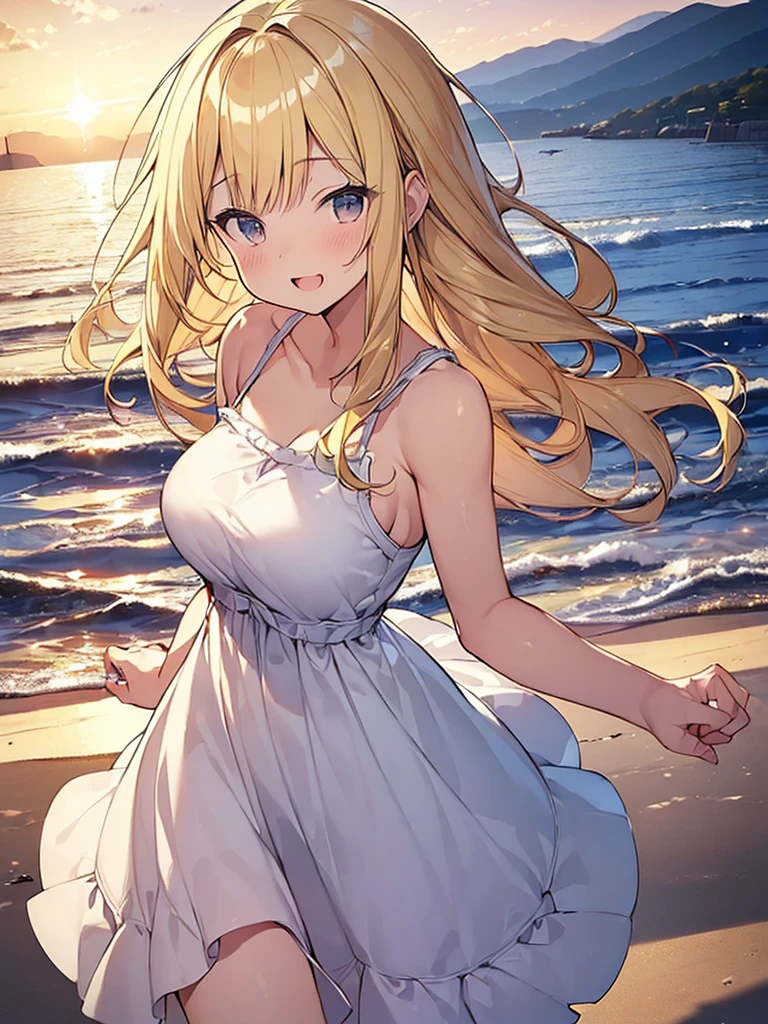 (Masterpiece, Top quality:1.5), (dynamic angle:1.2), (1 beautiful girl, solo:1.2), dynamic pose, (Blonde:1.3), medium Hair, wavy Hair, asymmetry bangs, swept bangs, airy hair, large breasts:1.2, 14 year old, (sundress:1.3), smile:1.3, blush, beautiful scene of seaside, magnificent panorama view, blurry background ,open mouth, sunset
