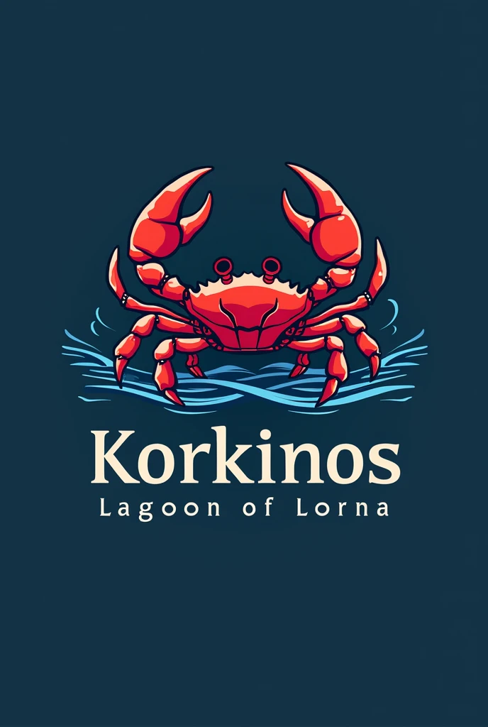 Sleek modern logo featuring 'Korkinos' in bold capital letters, with 'Lagoon of Lorna' in smaller text below. Centered emblem depicts a stylized underwater scene: a crimson crab with intricate shell patterns, pincers raised, against a background of swirling deep blue waves. Red and blue color scheme throughout, symbolizing the vibrant sea life and ocean depths. Minimalist yet eye-catching design with clean lines and subtle gradients for a professional, marine-themed appearance