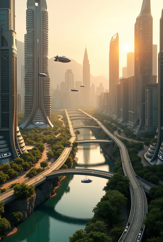 A futuristic cityscape of Ipoh, Malaysia in the year 2154. Towering skyscrapers with sleek, curved designs dominate the skyline, with advanced architecture that integrates greenery and sustainable technology. Hovering vehicles zip through the air along transparent roads, while pedestrian walkways are elevated and lined with digital billboards. The Kinta River is clean and vibrant, surrounded by floating parks and high-tech recreational areas. The backdrop includes a blend of natural limestone hills and futuristic urban development, with a setting sun casting a warm, golden hue over the city.8k image,hyper realistic.