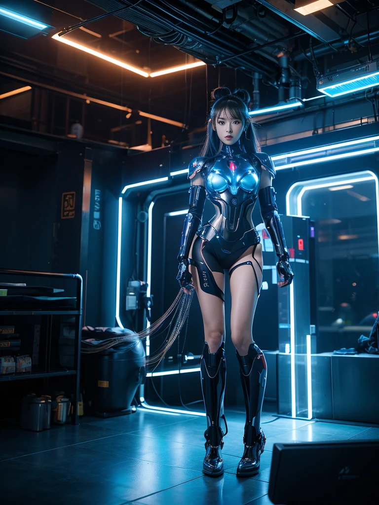 High tech laboratory setting: With metal surfaces and wires hanging from the ceiling、A room with sophisticated neon lighting。Futuristic machinery in the background、A group of women dressed in cyberpunk-inspired outfits are garnering attention。One girl in particular is wearing an impressive Japanese-made cyborg suit of armor.、Her biomechanically enhanced breasts shine in the flickering fluorescent lights.。Her gynoid cyborg body is surrounded by Mecha Cyber-R armor.、Glowing blue circuits are painted along the robot's limbs。Wires and tubes crisscross the perimeter、When illuminated with pulsating LED light、The atmosphere pulsates with energy。