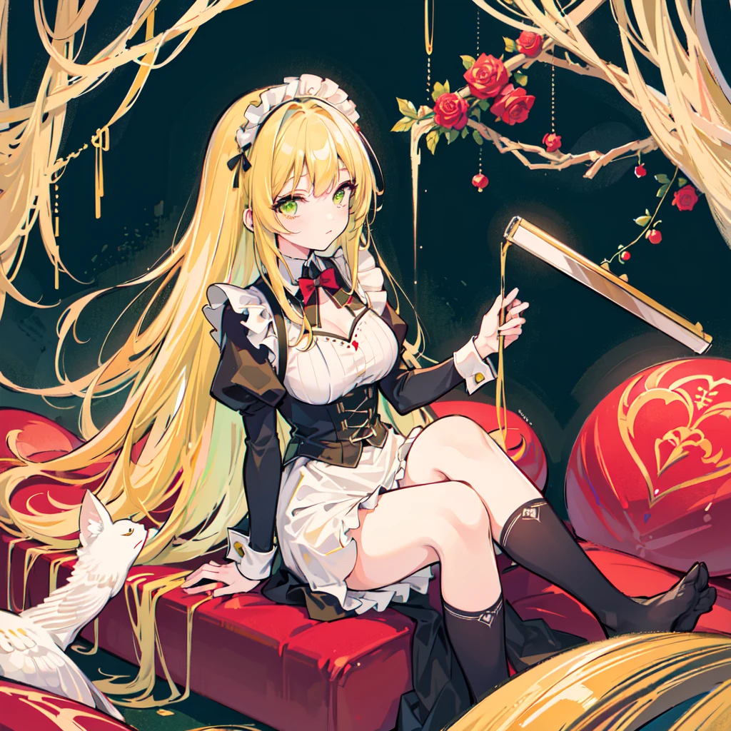 one woman, alone, ((big: 1.4)), ((high resolution)), ((Masterpiece)), ((best quality)), (very detailed)), big_File size, Full color, Detailed background, long yellow hair, Green Eyes, (eyeliner),maid, Maid outfit, red, sit, nighttime, rose