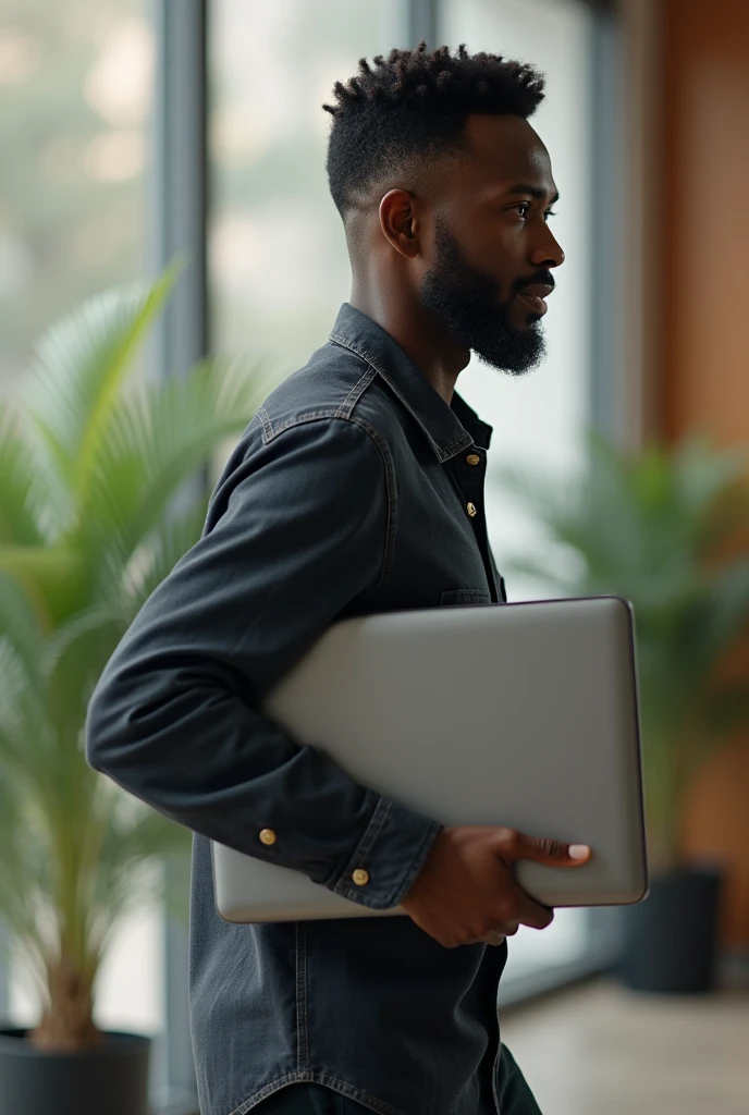 Picture of a laptop pc user carrying it wrongly. The user is of black origin